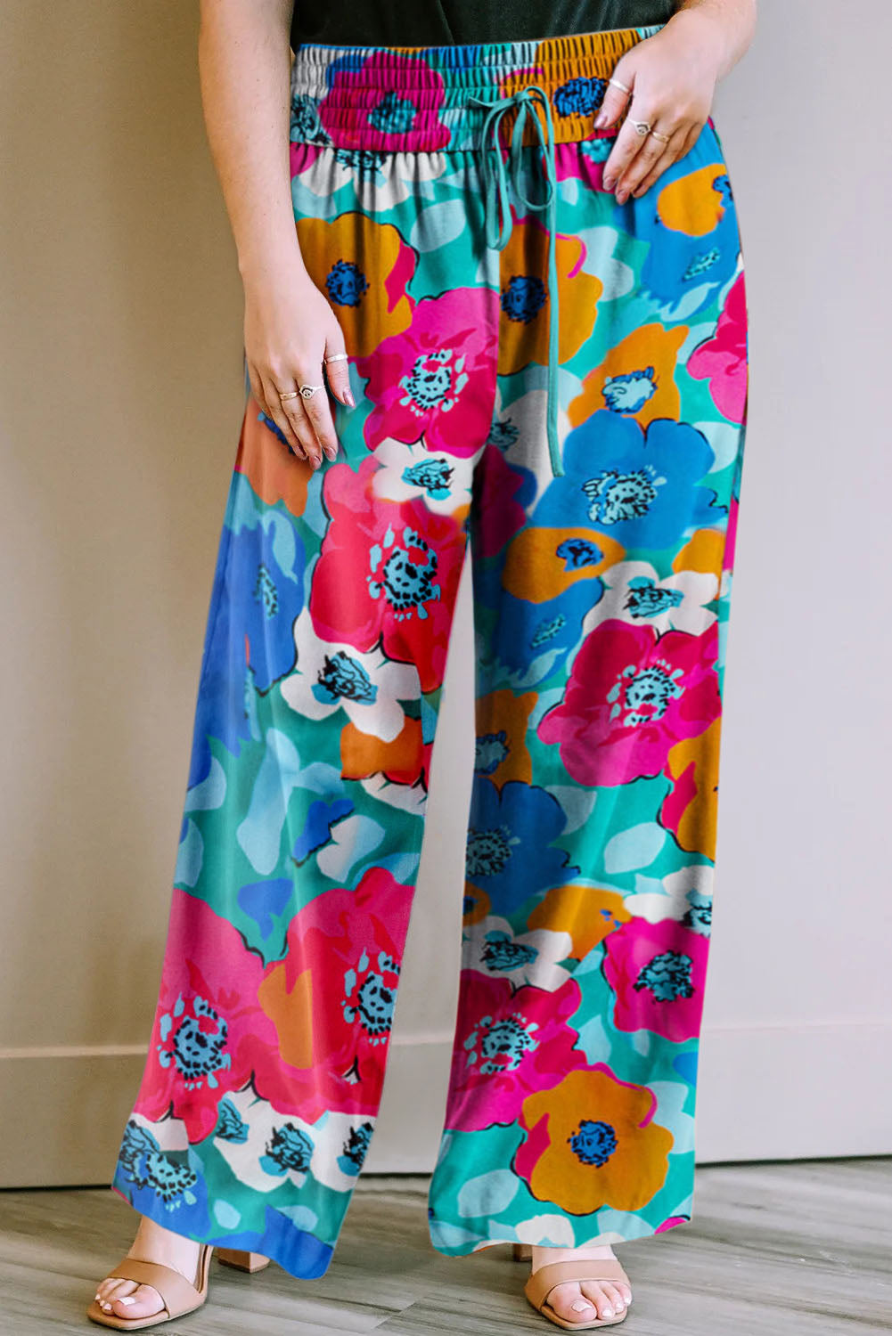 Brown Drawstring Elastic Waist Casual Wide Leg Pants