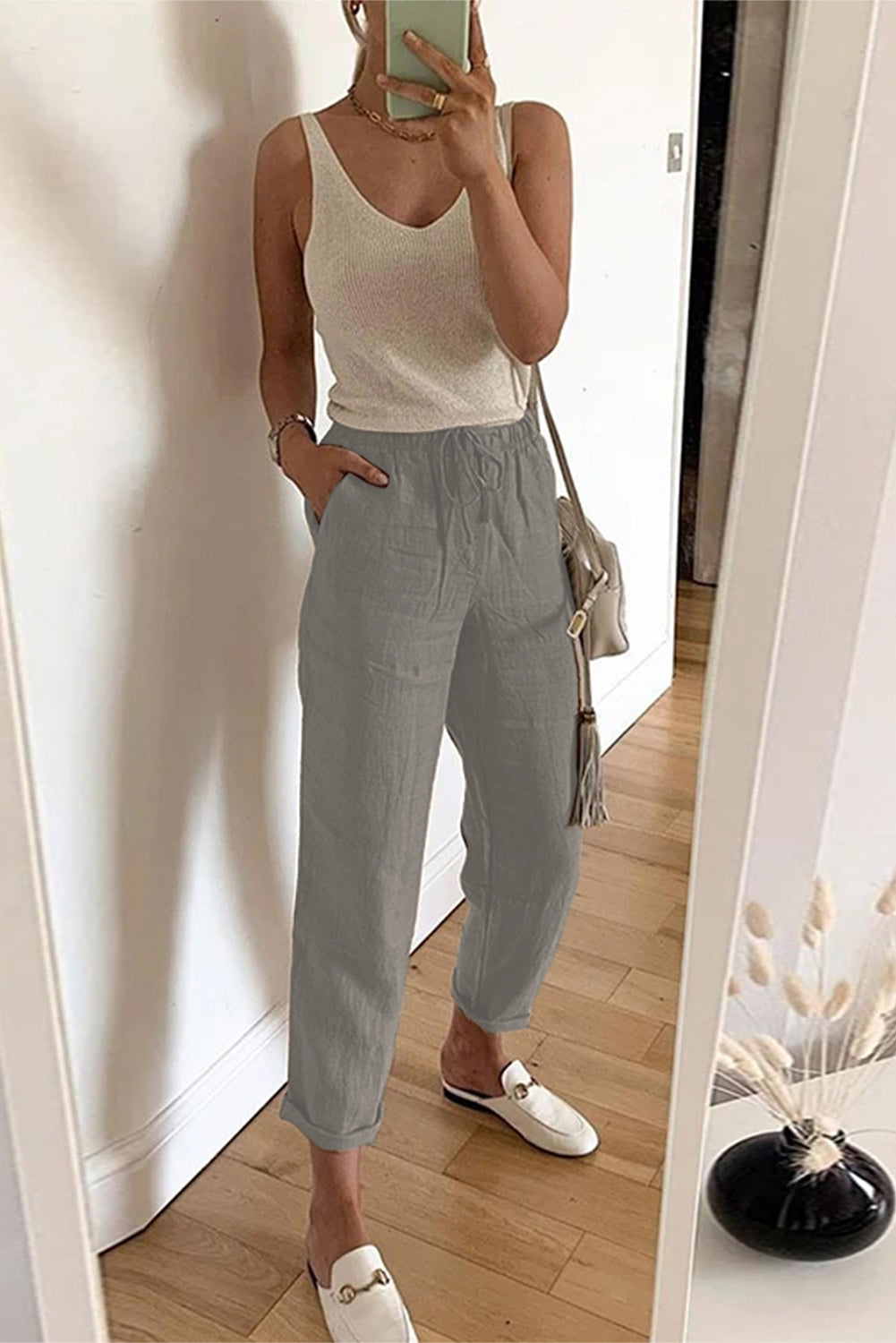 Black Drawstring Elastic Waist Pockets Long Straight Legs Pants