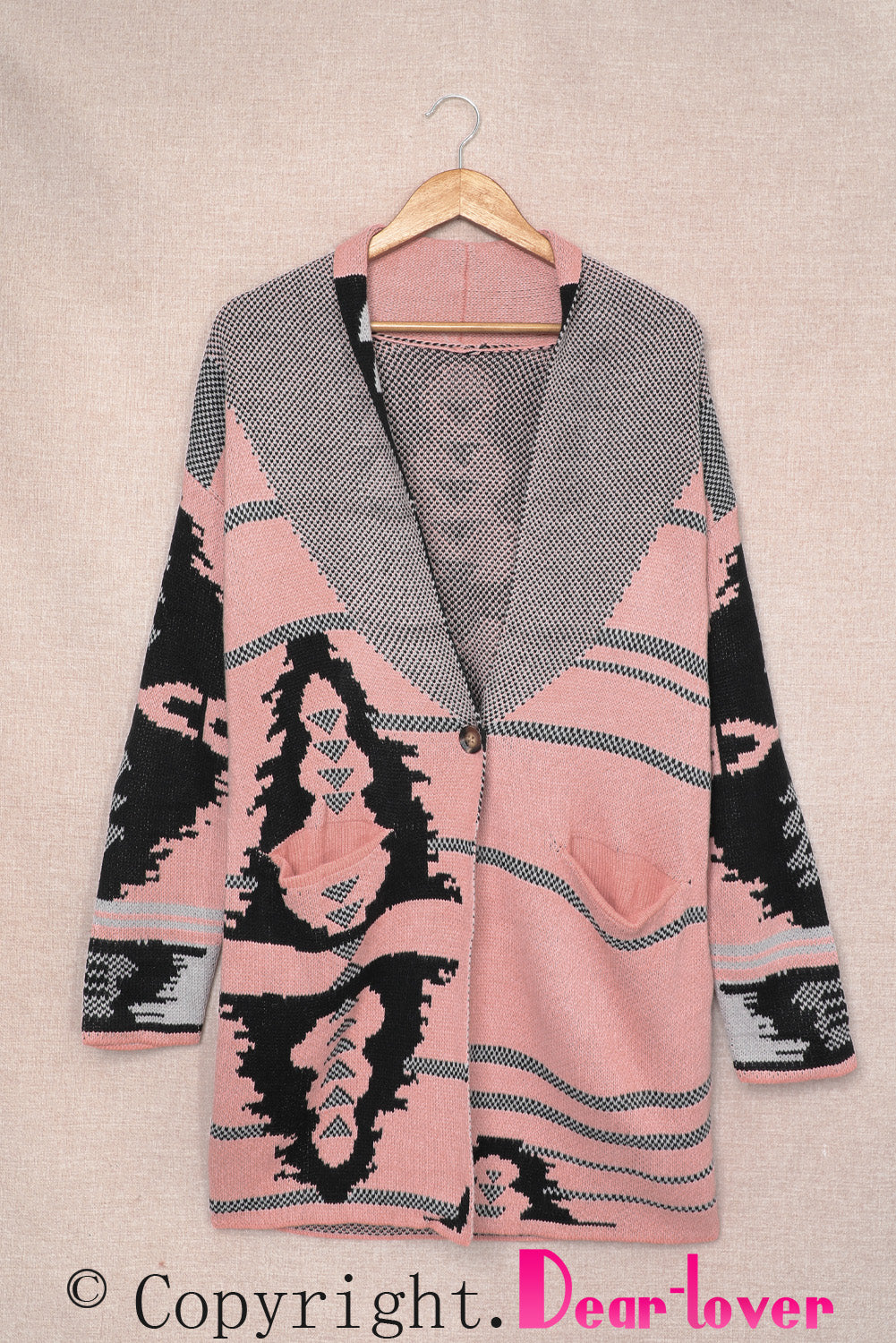 Beige Lapel Collar Geometric Print Knit Cardigan