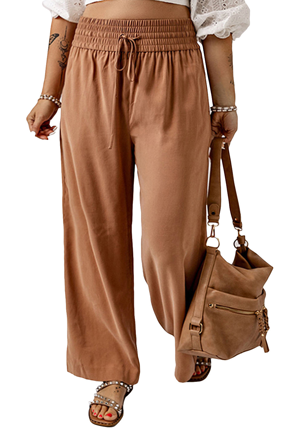 Brown Drawstring Elastic Waist Casual Wide Leg Pants