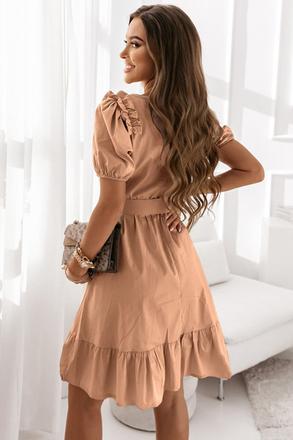 V-Neck Ruffle Buttoned Midi Dress