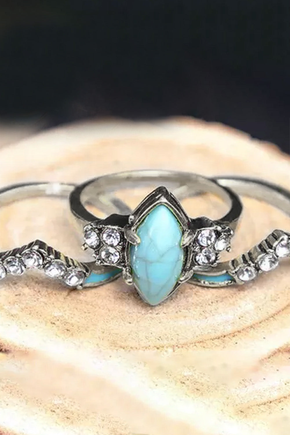 3Pcs Turquoise Rhinestone Ring Set