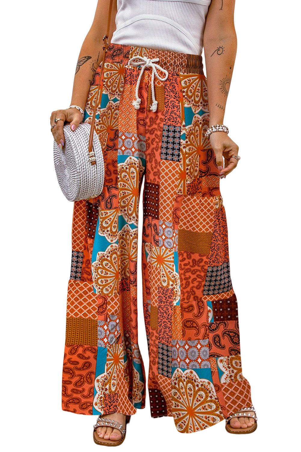 Boho Patchwork Print Drawstring Wide Leg Pants