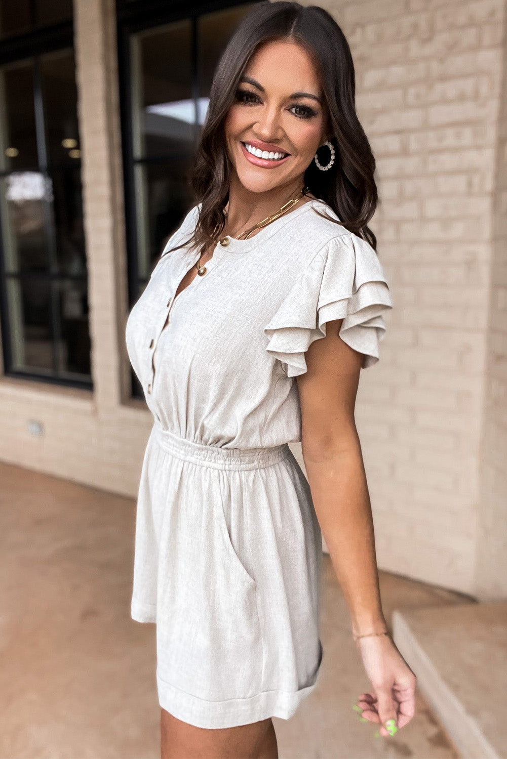 Beige Button Front Ruffle Sleeve Casual Romper