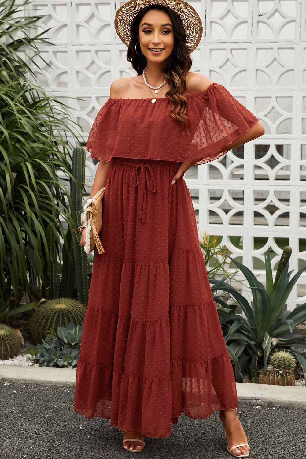 Yellow Yellow Off Shoulder Ruffle Swiss Dot Maxi Dress