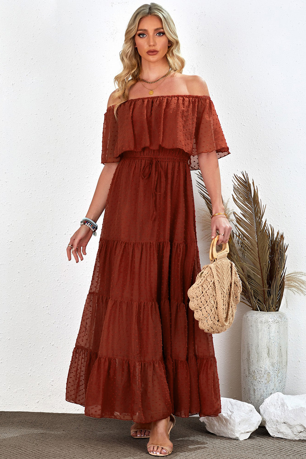 Yellow Yellow Off Shoulder Ruffle Swiss Dot Maxi Dress