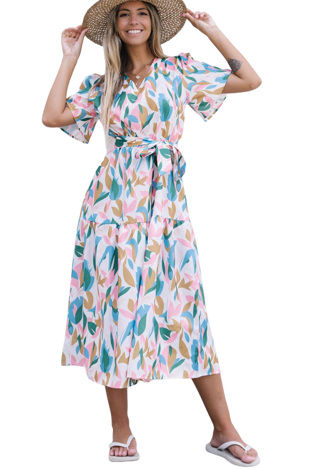 Multicolor V Neck Short Sleeves Boho Tropical Print Long Dress
