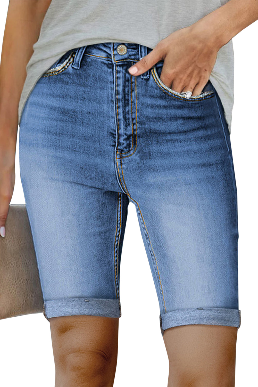 Acid Wash Roll-up Edge Bermuda Short Jeans