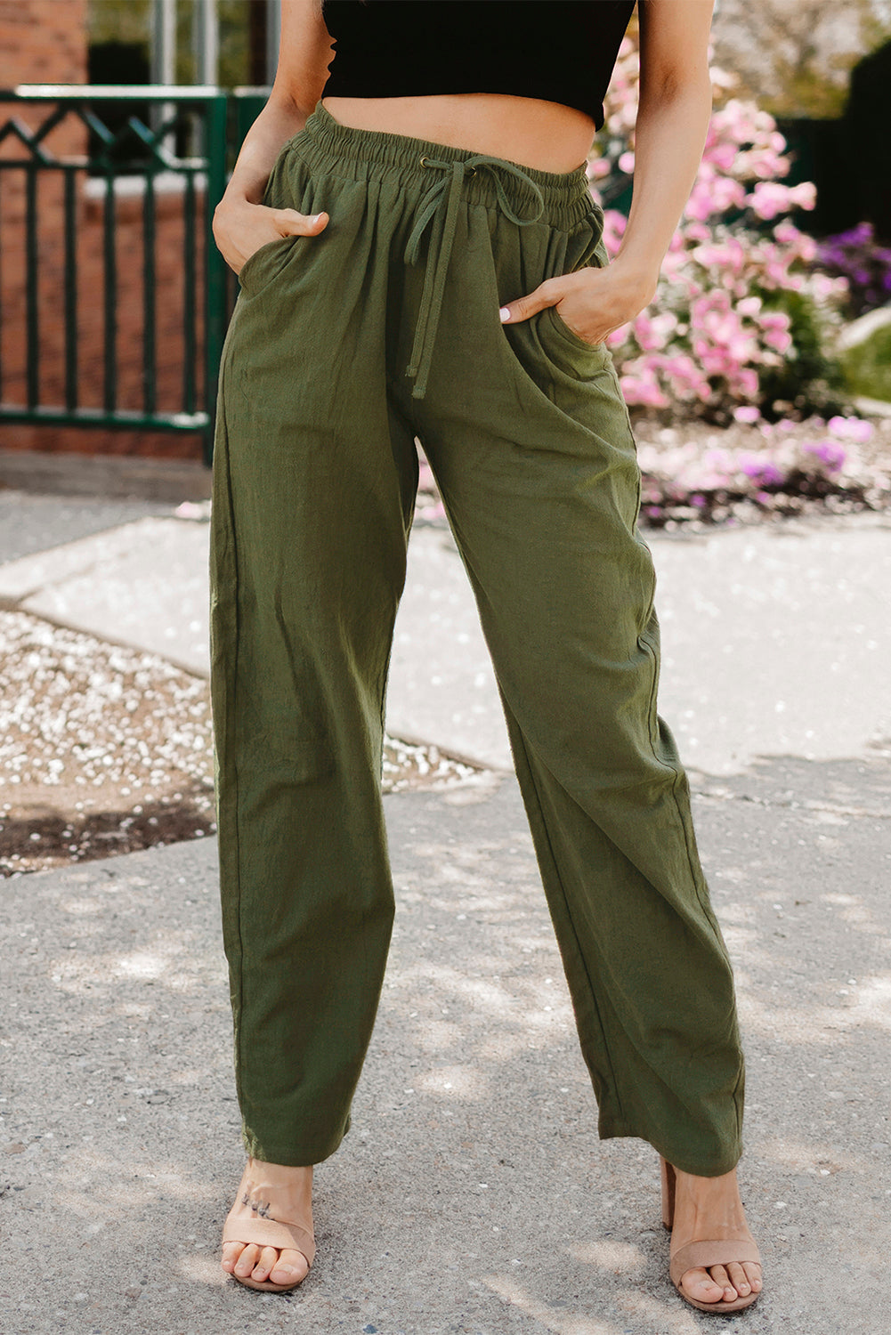 Black Drawstring Elastic Waist Pockets Long Straight Legs Pants