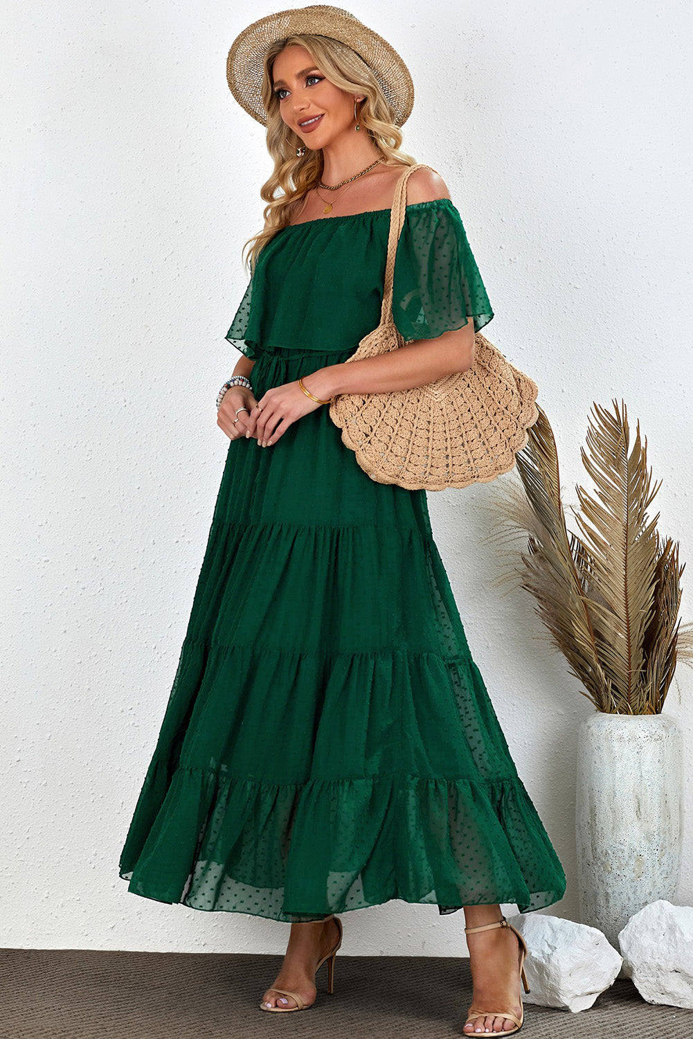 Yellow Yellow Off Shoulder Ruffle Swiss Dot Maxi Dress
