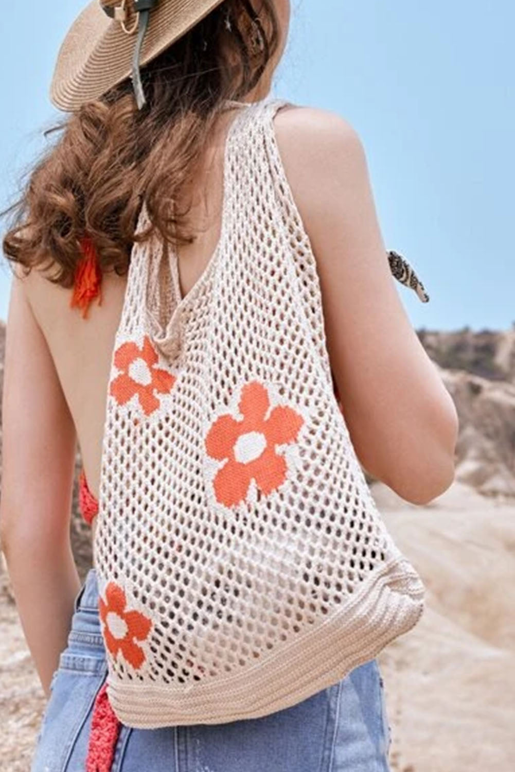 Beige Floral Pattern Crochet Fishnet Single Shoulder Bag