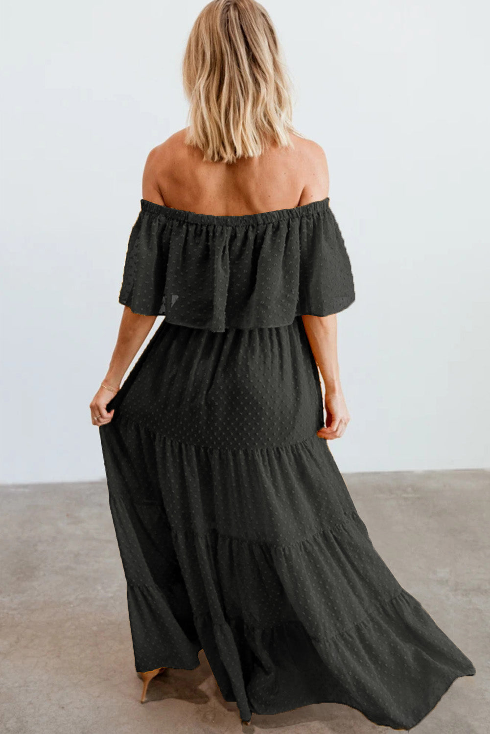 Yellow Yellow Off Shoulder Ruffle Swiss Dot Maxi Dress