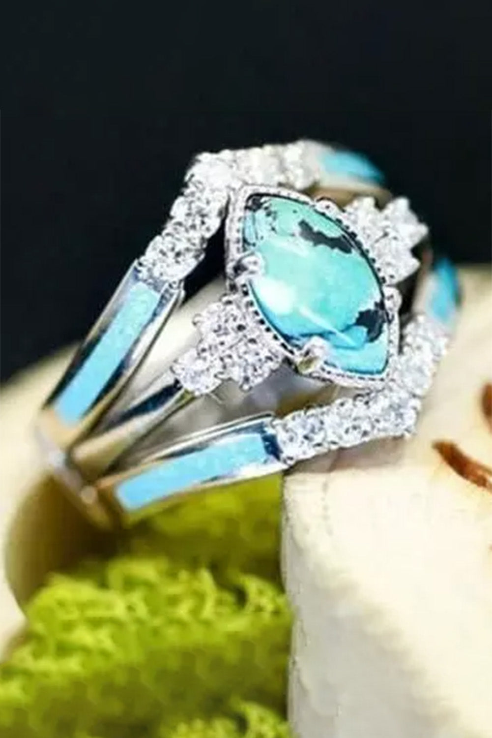 3Pcs Turquoise Rhinestone Ring Set