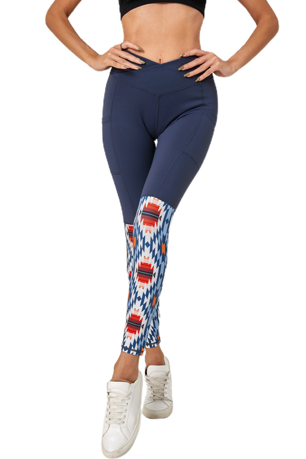 Crossover High Waist Aztec Print Patchwork Yoga Leggings