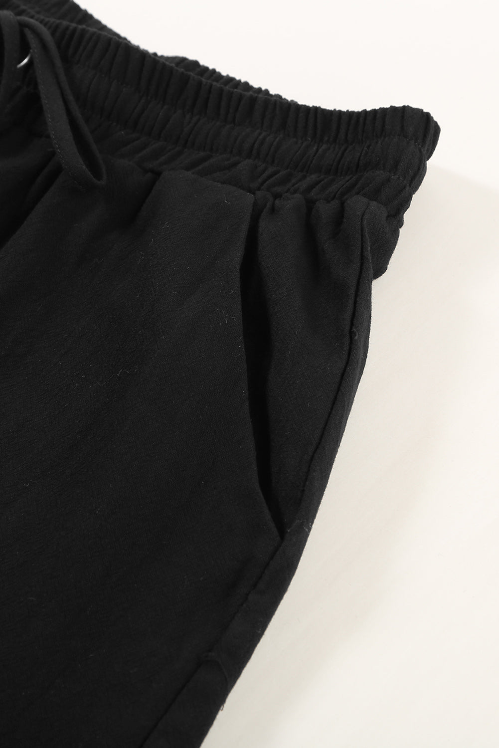 Black Drawstring Elastic Waist Pockets Long Straight Legs Pants