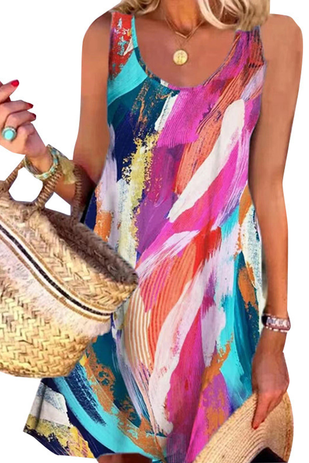 Multicolor Abstract Geometric Print U-neck Sleeveless Mini Dress