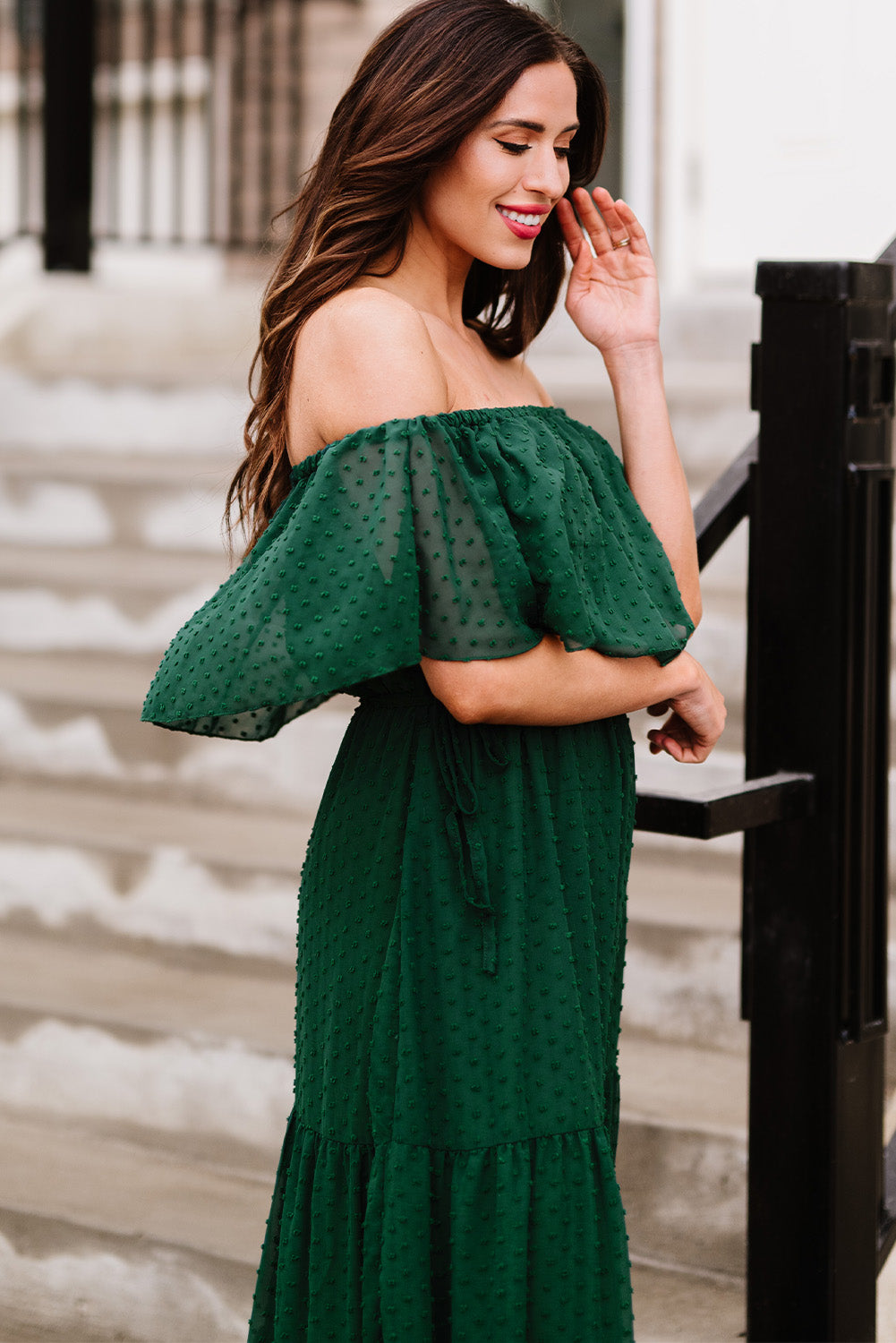 Yellow Yellow Off Shoulder Ruffle Swiss Dot Maxi Dress