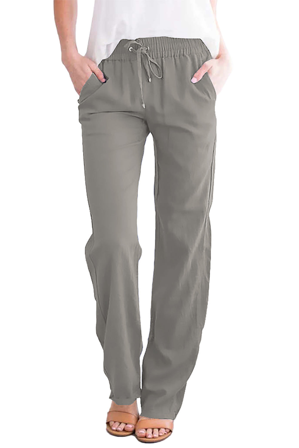 Black Drawstring Elastic Waist Pockets Long Straight Legs Pants