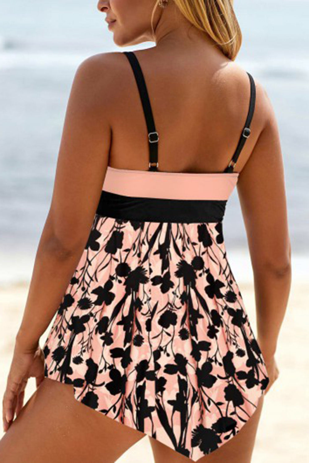 Beige Floral Skirt Patchwork Strappy Lace Up Tankini