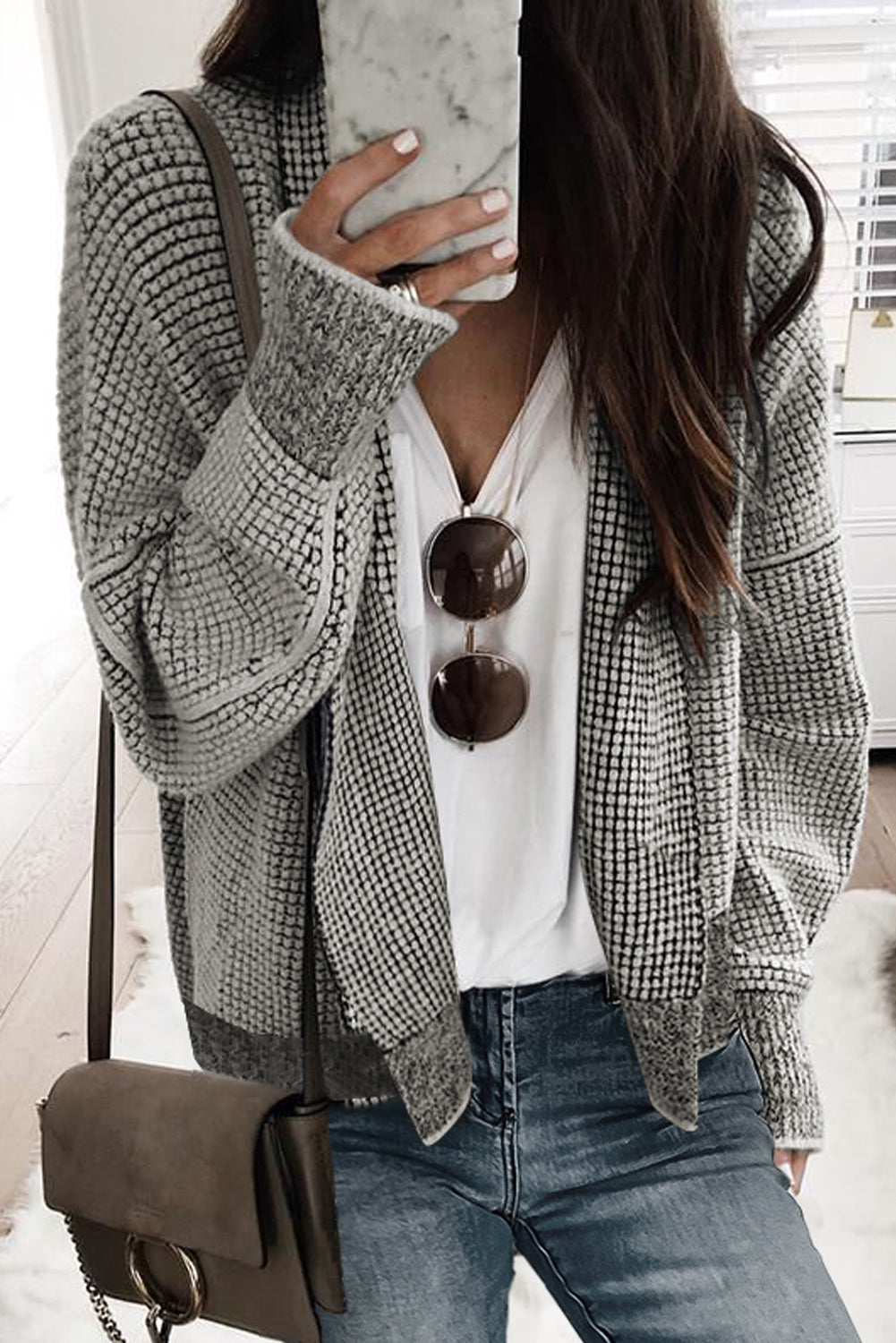 Apricot Plaid Contrast Trim Open Front Cardigan