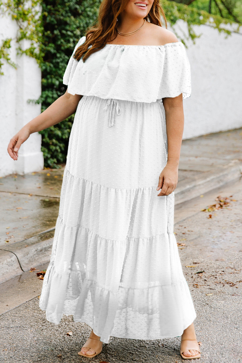 Yellow Yellow Off Shoulder Ruffle Swiss Dot Maxi Dress