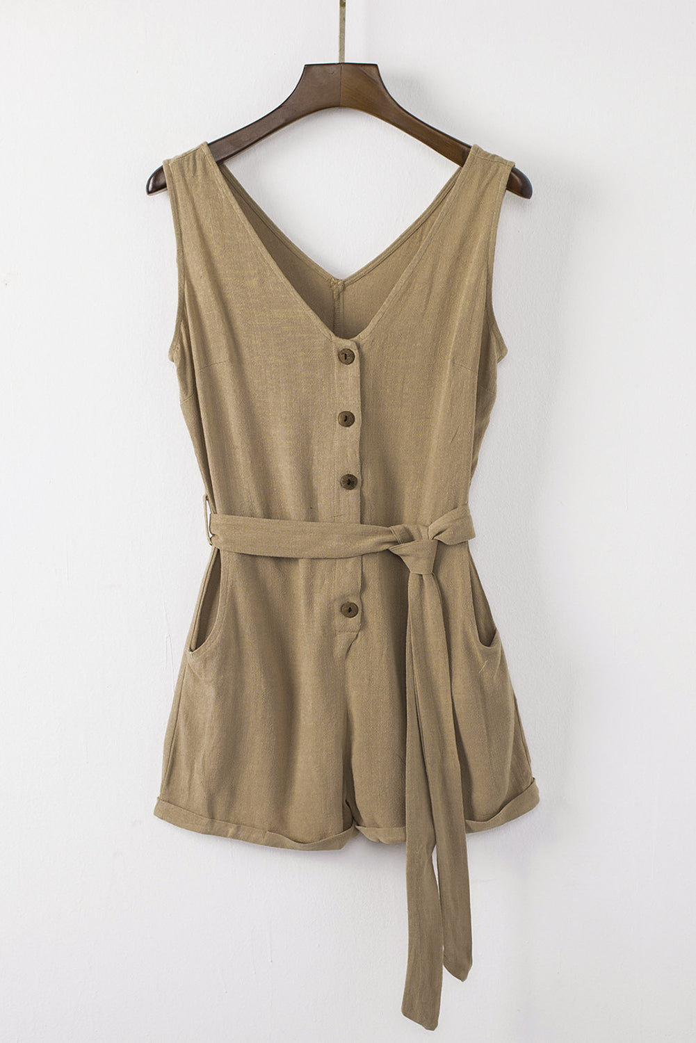 Beige Button V Neck Romper with Belt