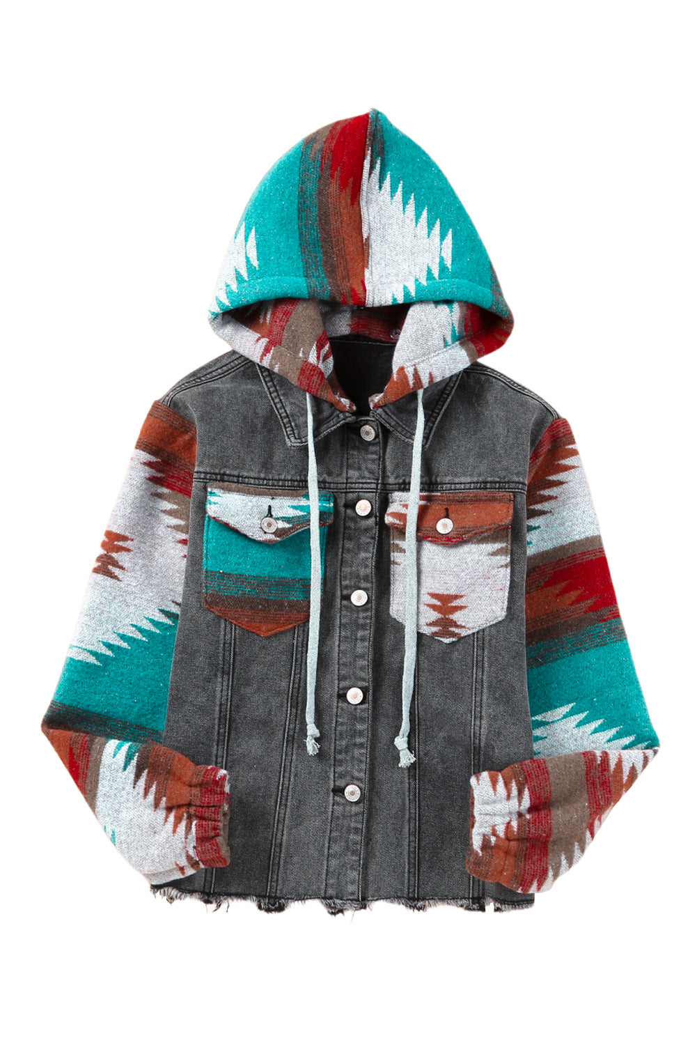 Multicolor Aztec Print Frayed Hem Denim Jacket