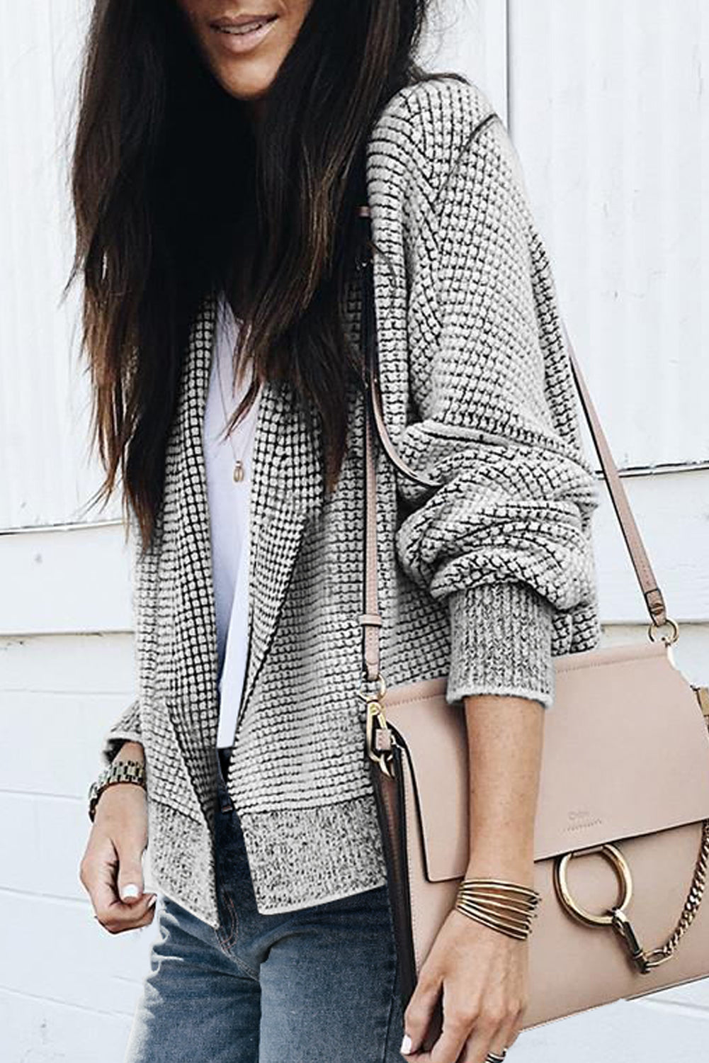 Apricot Plaid Contrast Trim Open Front Cardigan