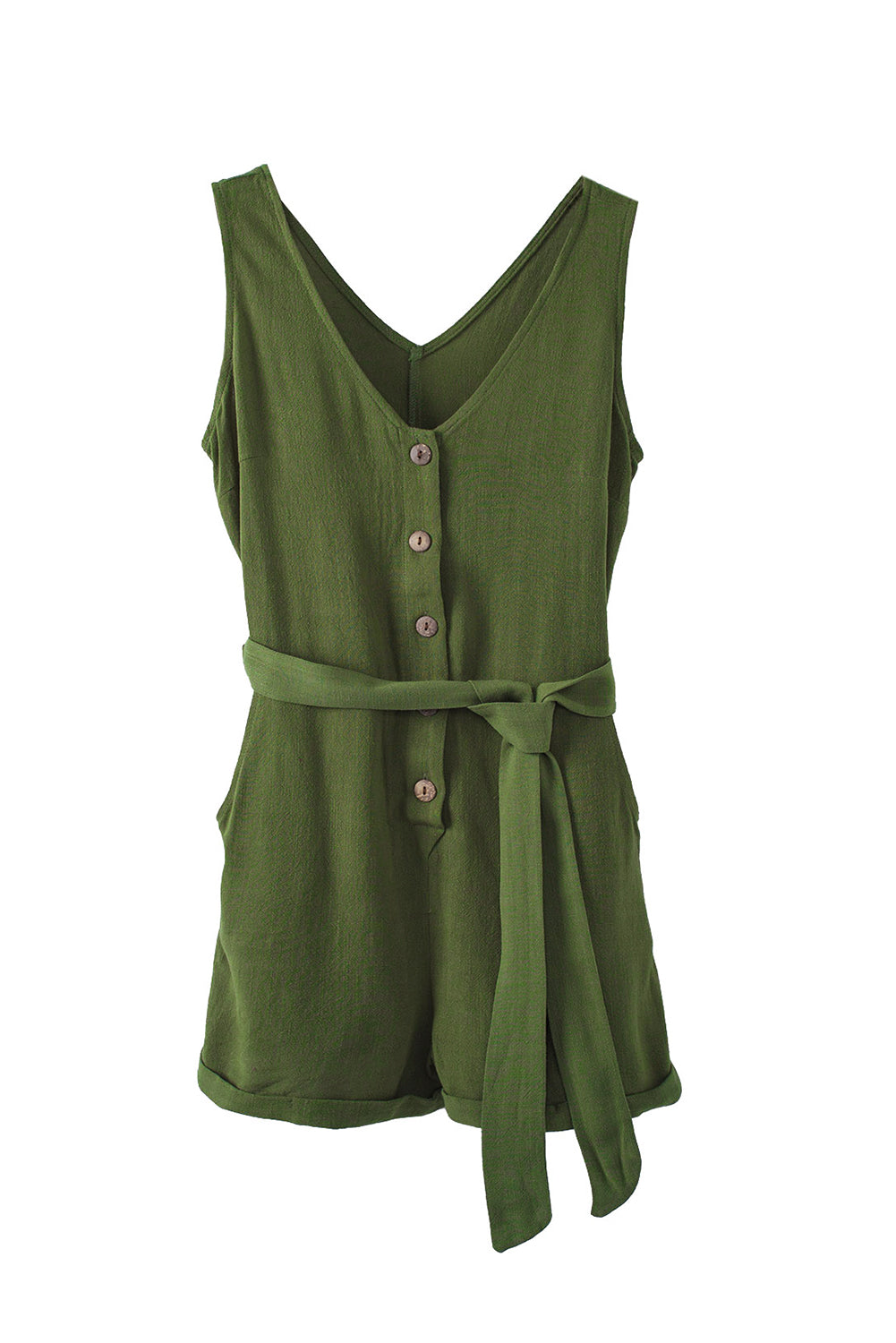 Beige Button V Neck Romper with Belt