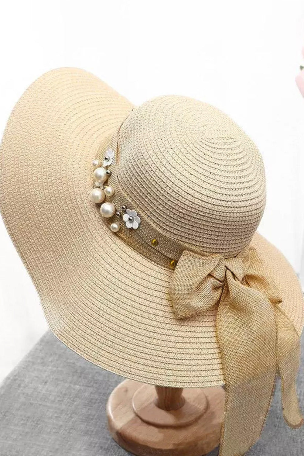 Beige Floral Pearl Bowknot Straw Hat