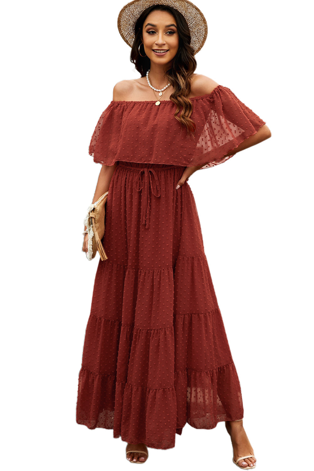 Yellow Yellow Off Shoulder Ruffle Swiss Dot Maxi Dress