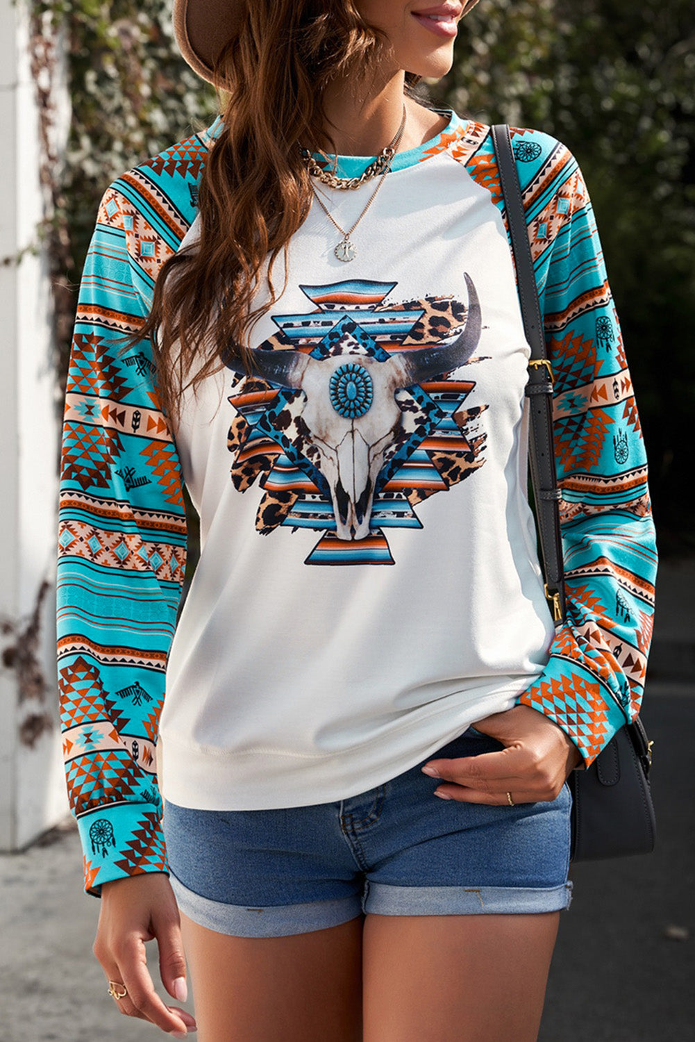 Aztec Sleeves Steer Head Graphic Women Sweatshirt