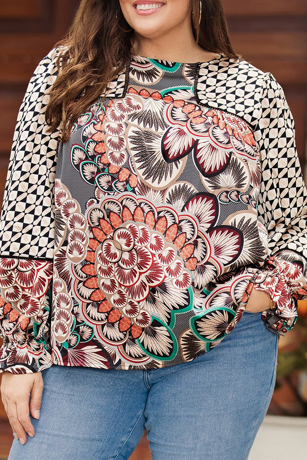 Black Black Mixed Floral Geometric Print Ruffled Long Sleeve Blouse