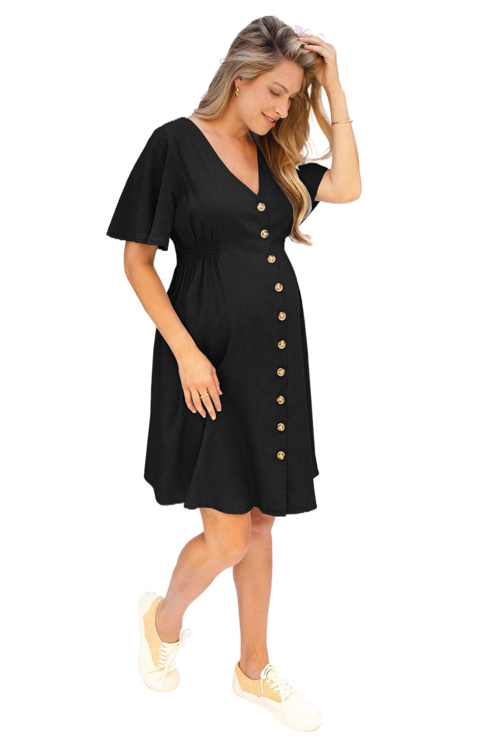 Black Flutter Sleeve V Neck Buttoned Maternity Dress