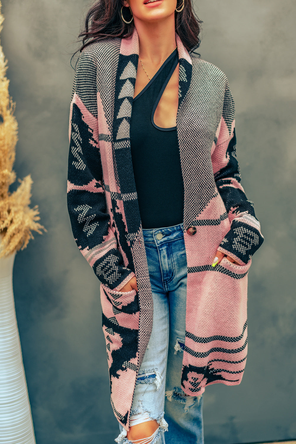Beige Lapel Collar Geometric Print Knit Cardigan
