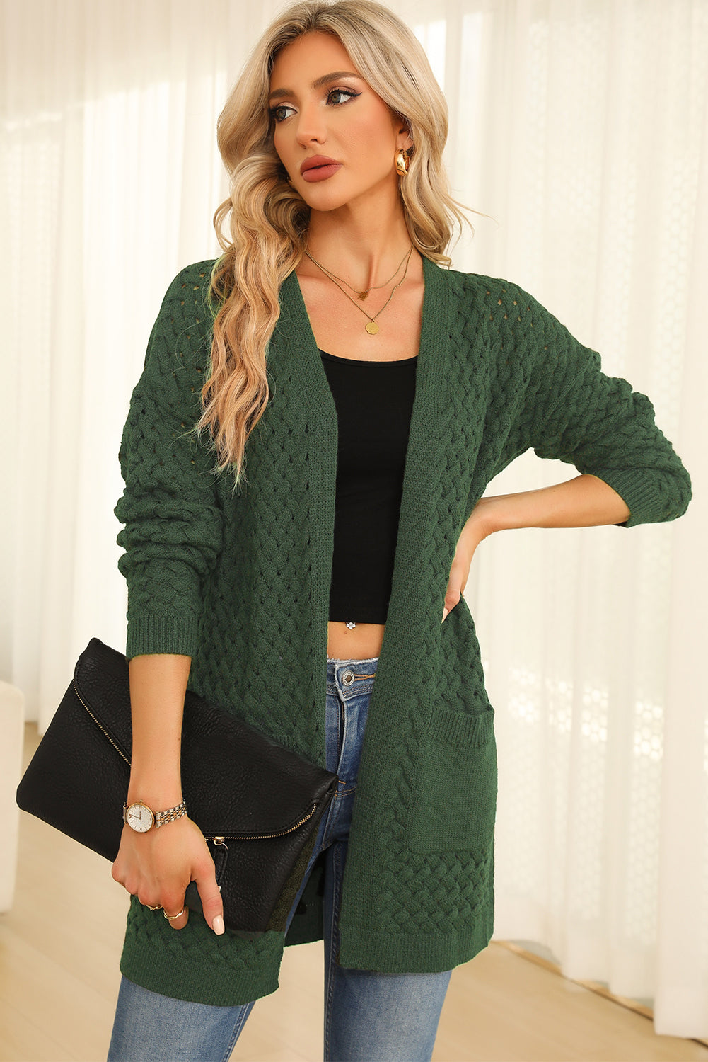 Gray Open Front Woven Texture Knitted Cardigan with Pockets