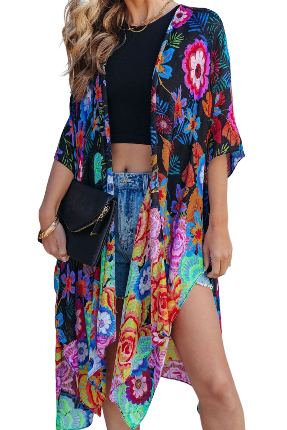 Multicolor Bohemian Floral Print Half Sleeve Open Front Kimono