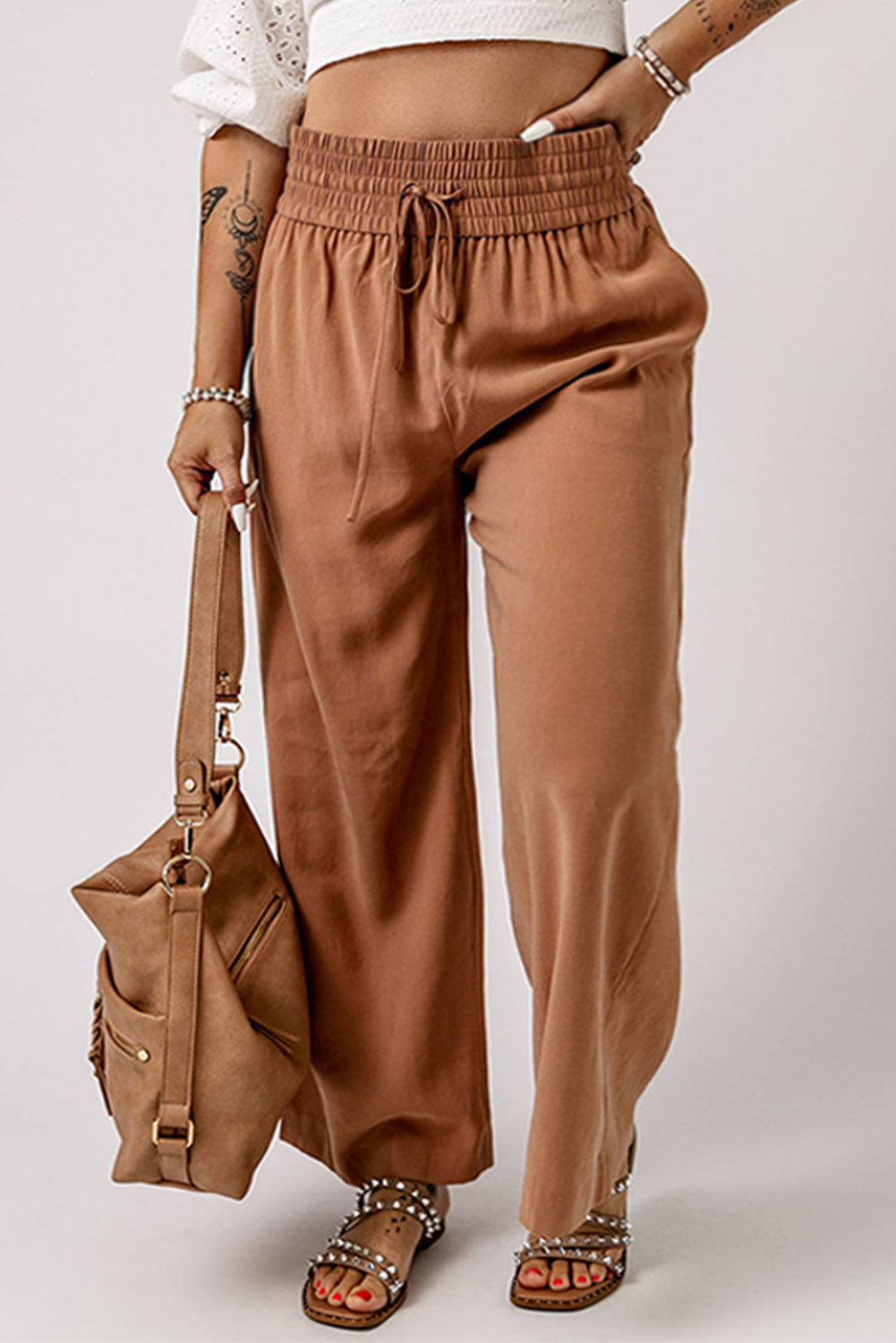 Brown Drawstring Elastic Waist Casual Wide Leg Pants