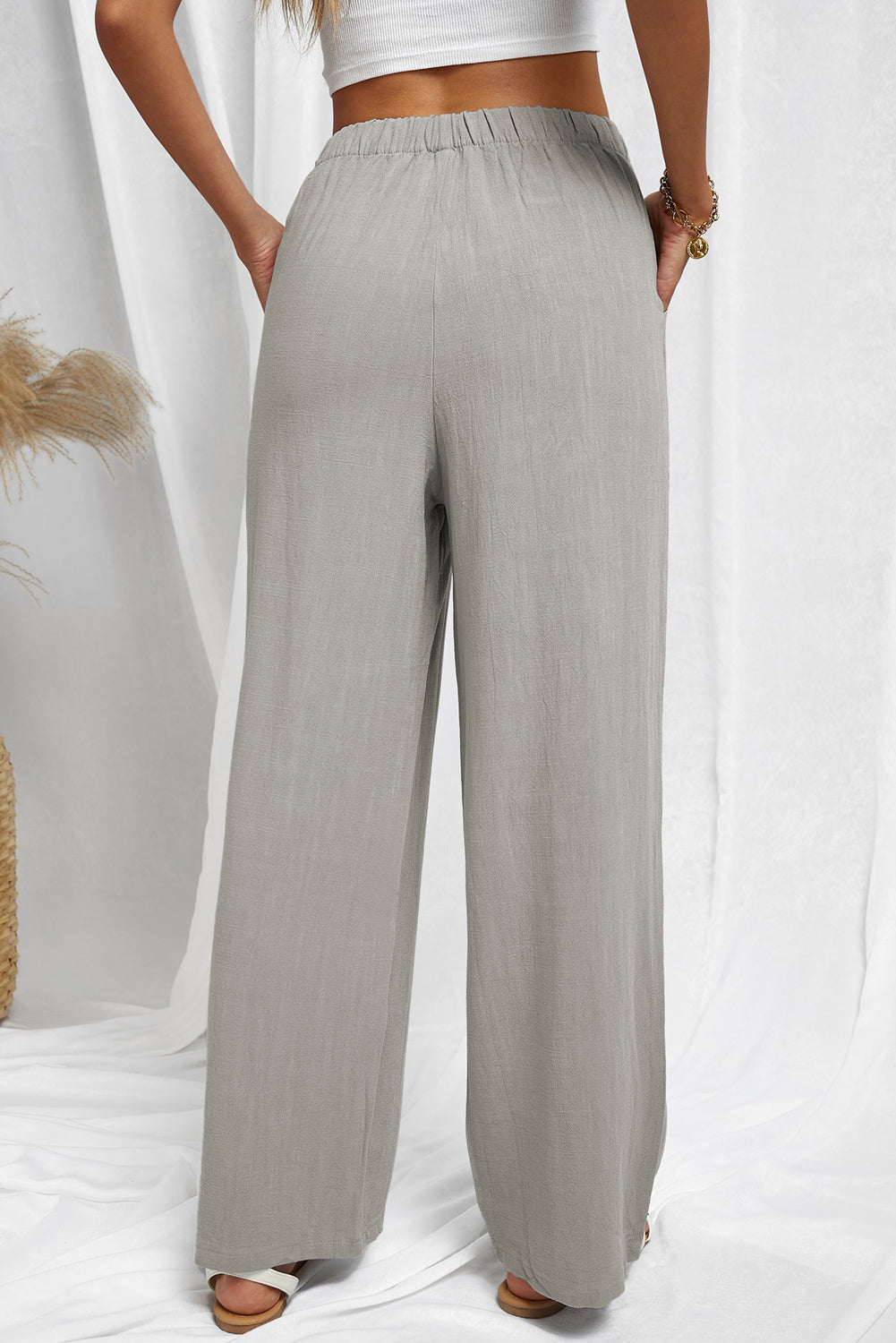 Black Drawstring Elastic Waist Pockets Long Straight Legs Pants