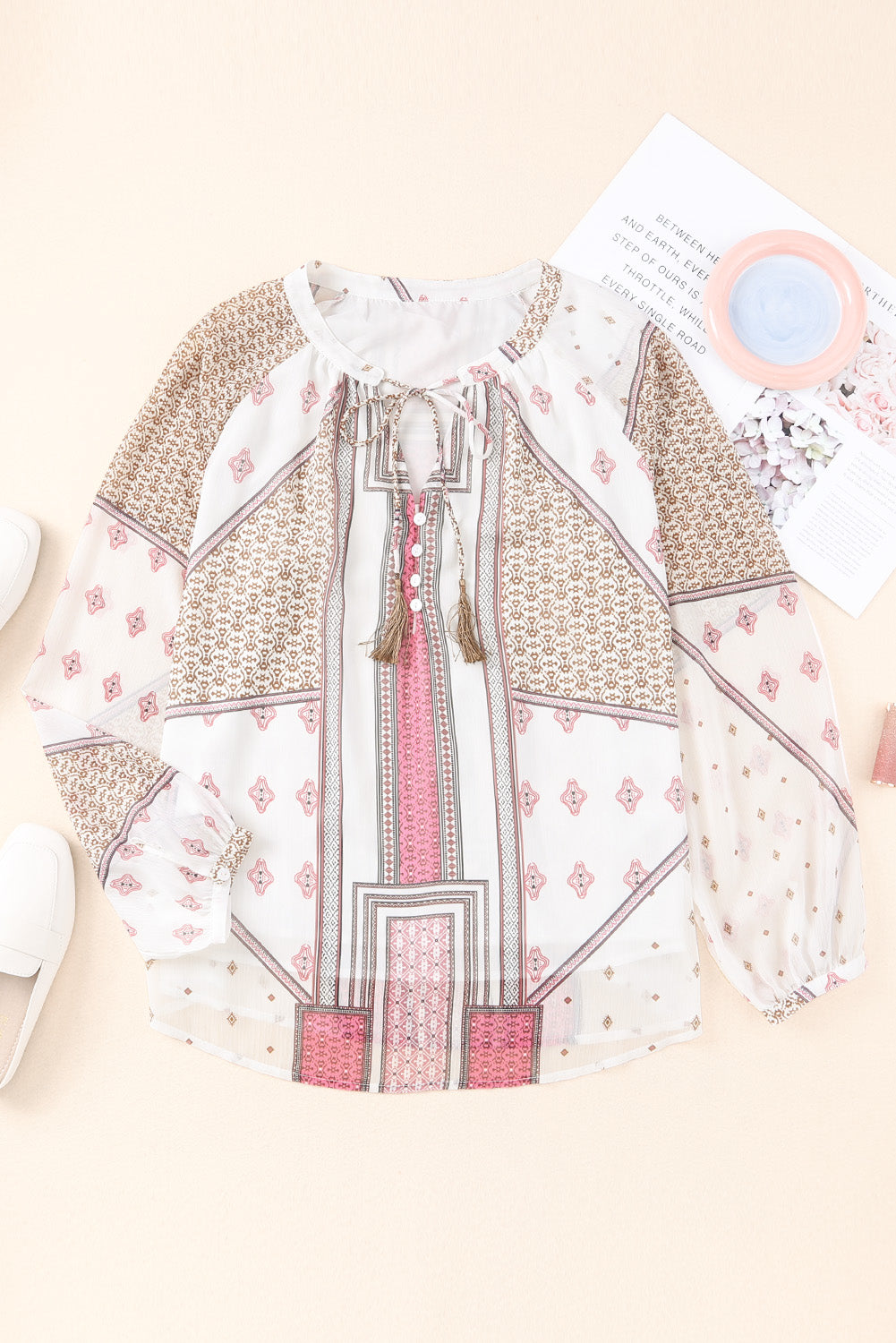 Beige Boho Printed Sheer Puff Sleeve Blouse