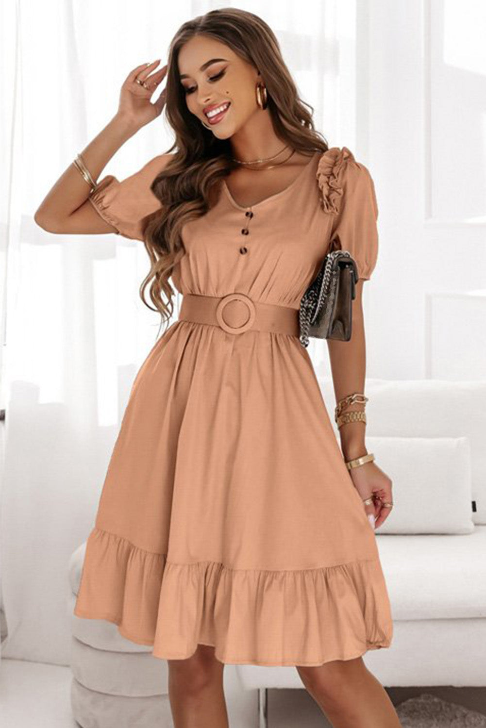 V-Neck Ruffle Buttoned Midi Dress