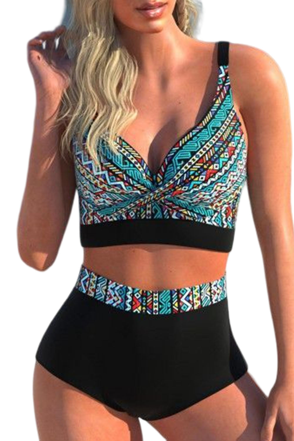 Boho Contrast Geometric Print High Waist Bikini Set
