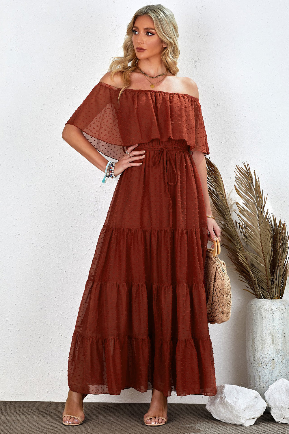 Yellow Yellow Off Shoulder Ruffle Swiss Dot Maxi Dress