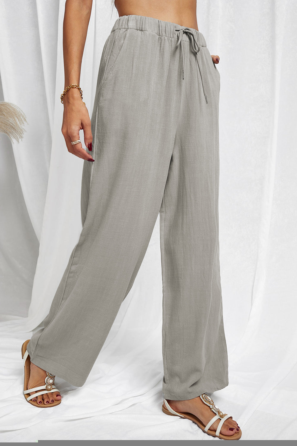 Black Drawstring Elastic Waist Pockets Long Straight Legs Pants