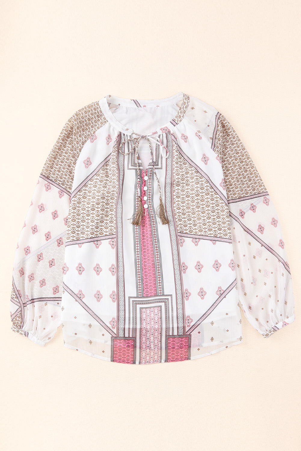 Beige Boho Printed Sheer Puff Sleeve Blouse