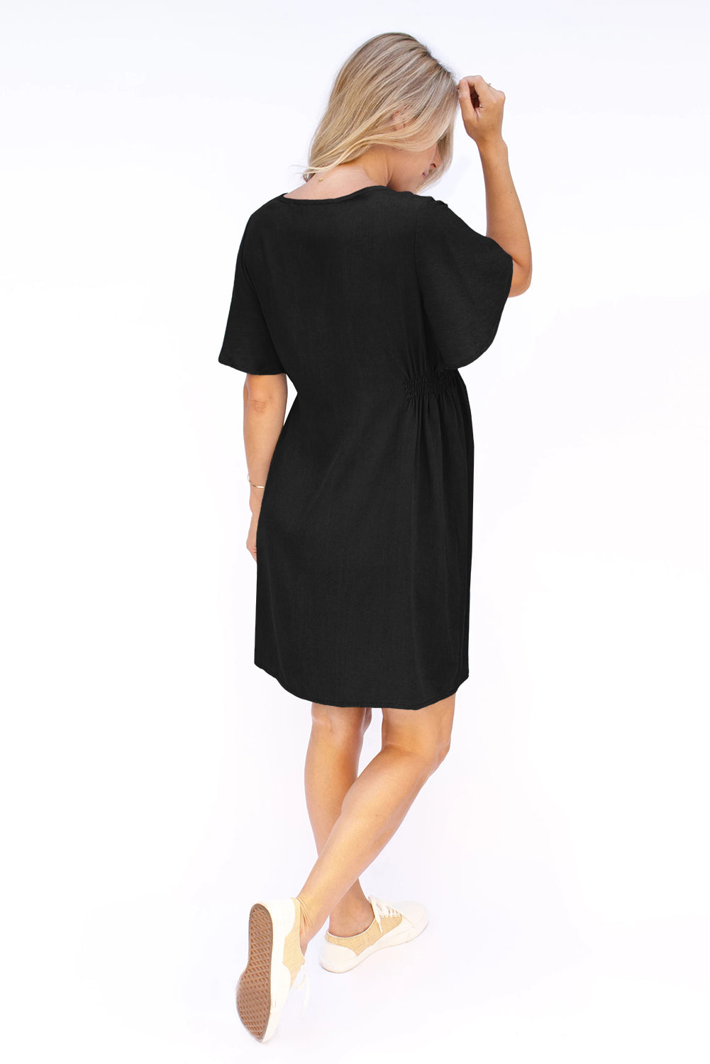 Black Flutter Sleeve V Neck Buttoned Maternity Dress