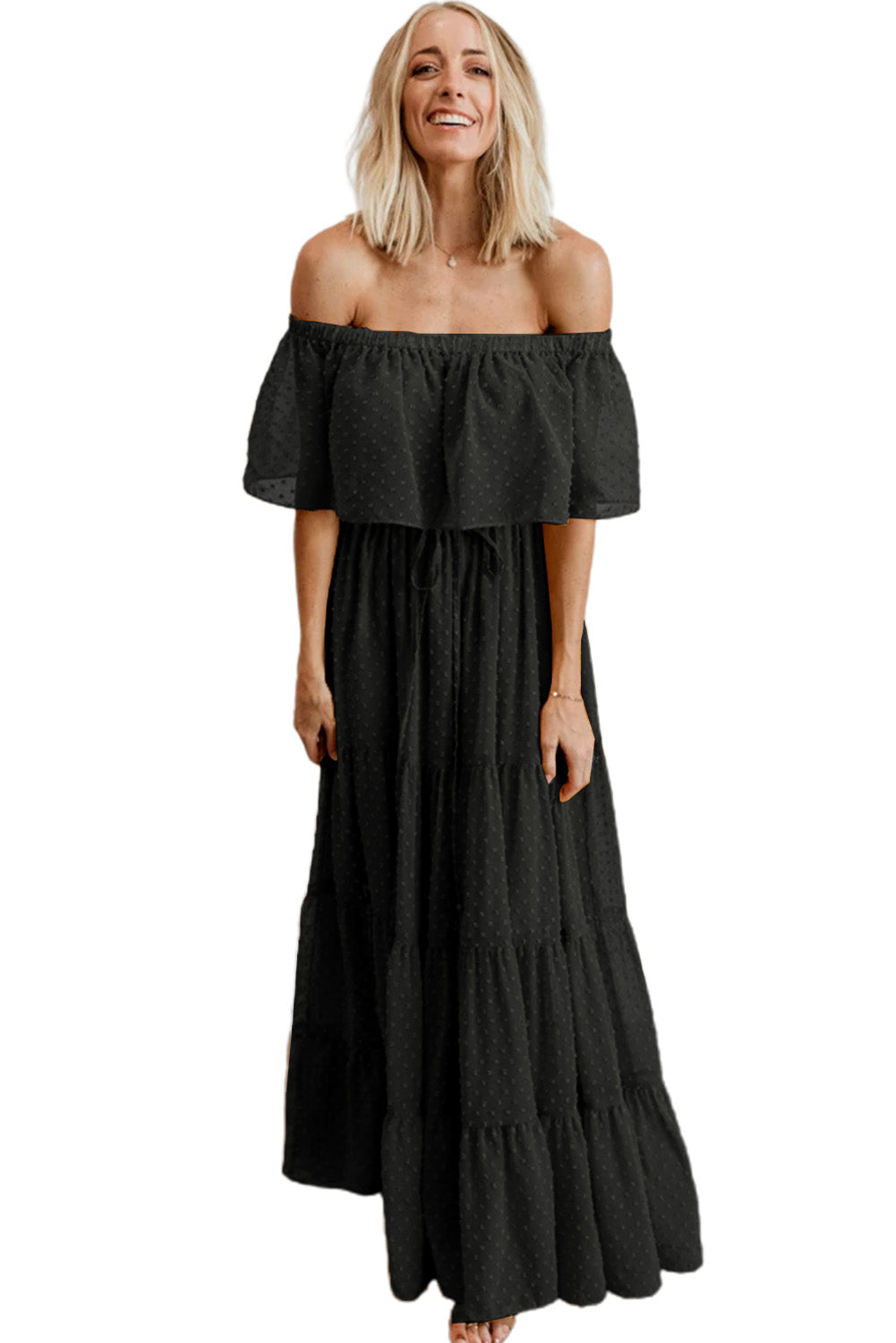 Yellow Yellow Off Shoulder Ruffle Swiss Dot Maxi Dress
