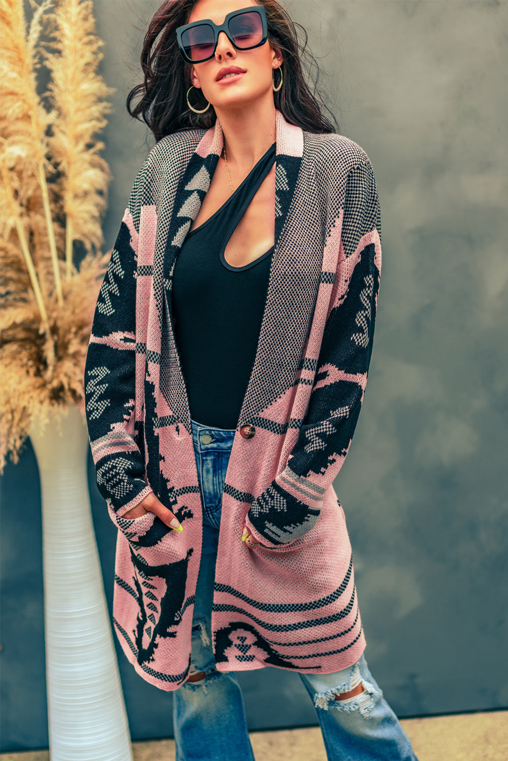 Beige Lapel Collar Geometric Print Knit Cardigan