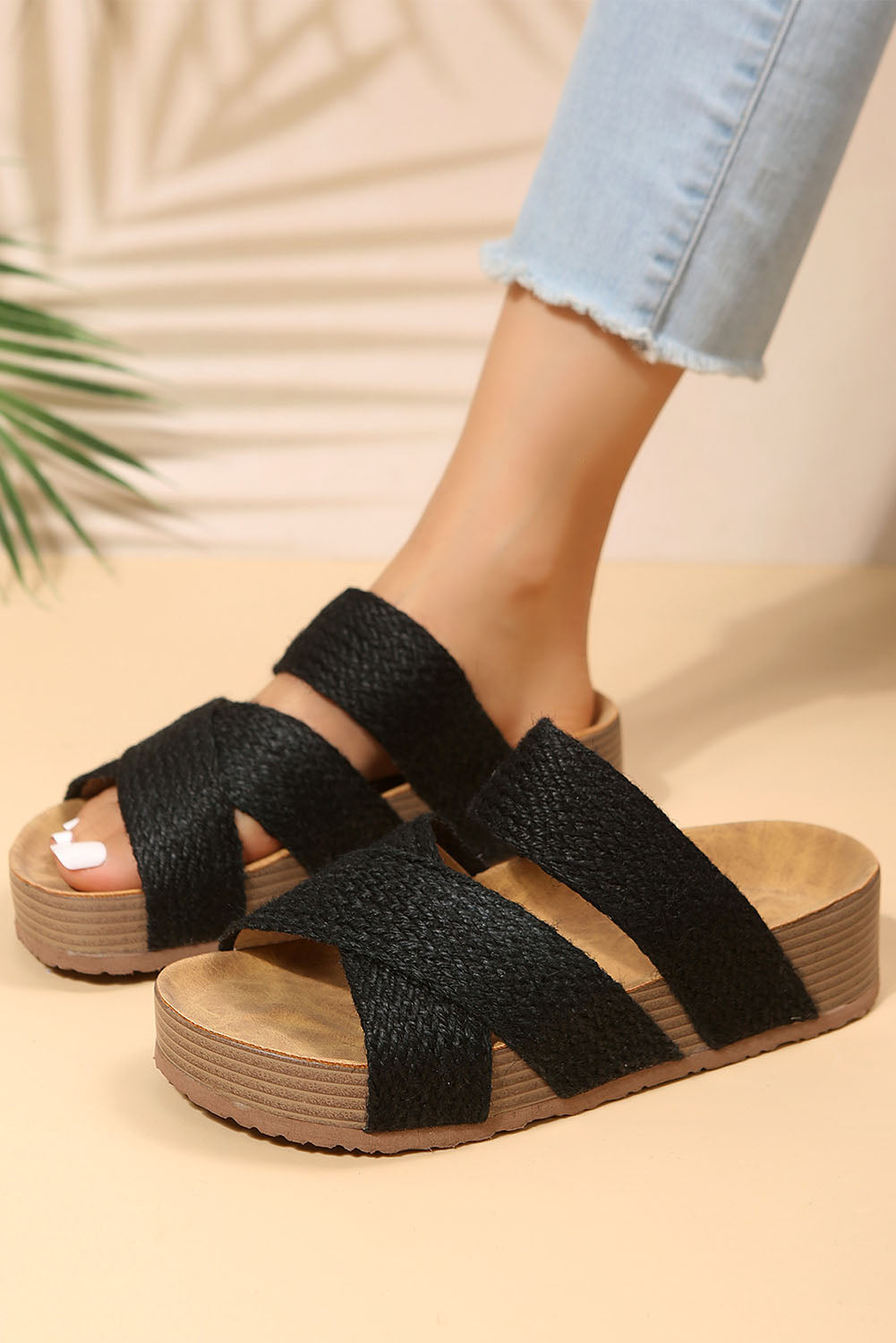 Beige Linen Woven Cross Criss Hollowed Slip-On Slippers