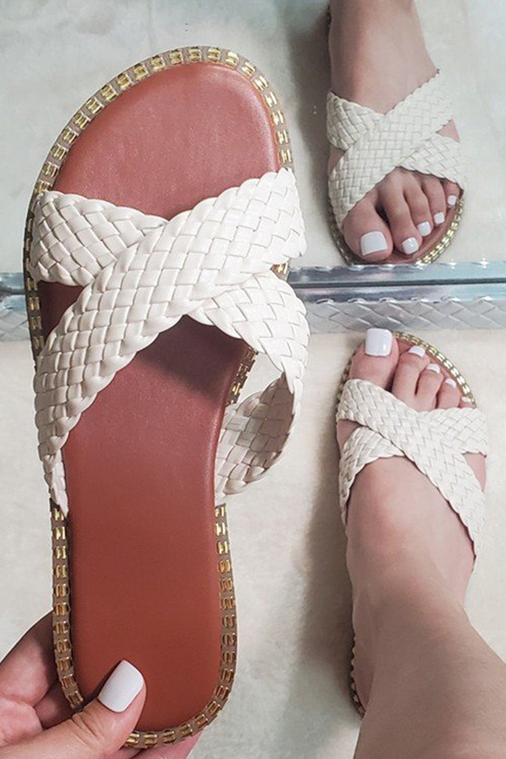 Beige Cross Straps Braised Slippers